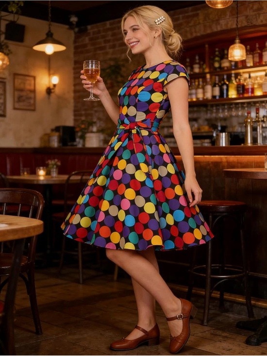 Pukvat Dresses & Skirts - Vintage-Inspired Multicolor Polka Dot Fit & Flare Dress - M